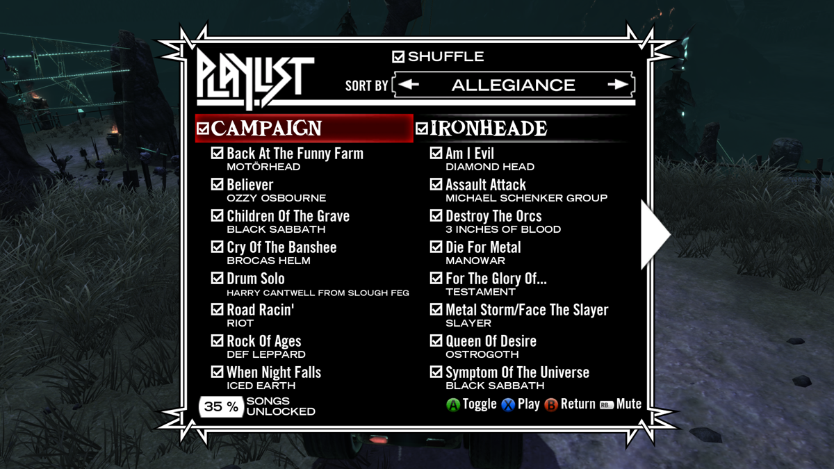 Brütal Legend (Windows) screenshot: Playlist (a small portion of it)