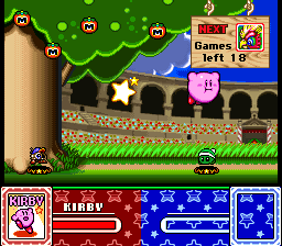 Kirby Super Star (SNES) screenshot: The final unlockable game mode is the Arena where Kirby needs to defeat all the game's bosses with as little as 5 life refills