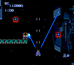 Summer Carnival '93: Nexzr Special (TurboGrafx CD) screenshot: The blue weapon cuts through the enemy