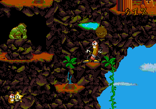 Wild Woody (SEGA CD) screenshot: Woody up in mountainous heights facing some sort of green, muscular figure