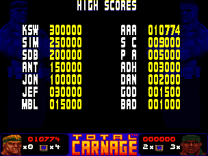 Total Carnage (Amiga) screenshot: High scores (AGA)