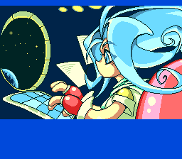 The TV Show (TurboGrafx CD) screenshot: Each character has his or her own intro. This here is the blue-haired female astronaut
