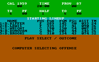 Pure-Stat College Basketball (DOS) screenshot: Play Select / Computer Selecting Offense