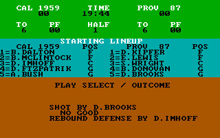 Pure-Stat College Basketball (DOS) screenshot: No good shot and defense rebound
