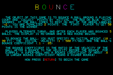 Bounce (Compucolor II) screenshot: Instructions (Bounce)
