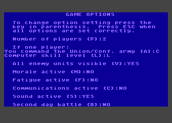 The Battle of Chickamauga (Atari 8-bit) screenshot: Options menu