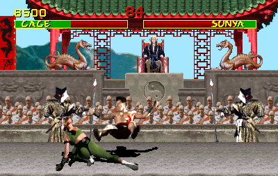 Mortal Kombat (Arcade) screenshot: Cage was pretty surprised