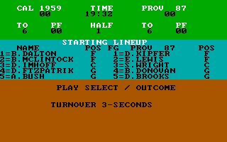 Pure-Stat College Basketball (DOS) screenshot: Turnover 3 seconds