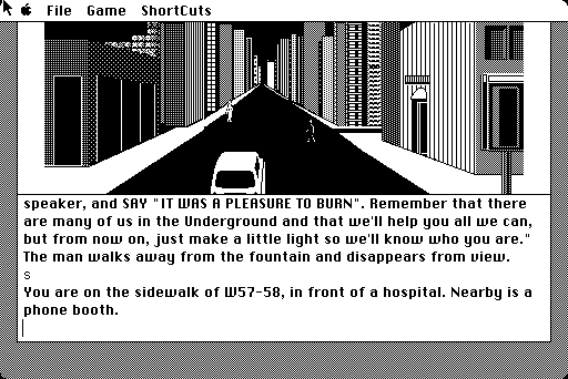 Fahrenheit 451 (Macintosh) screenshot: After some talking I went south, and find myself on the sidewalk, near a hospital