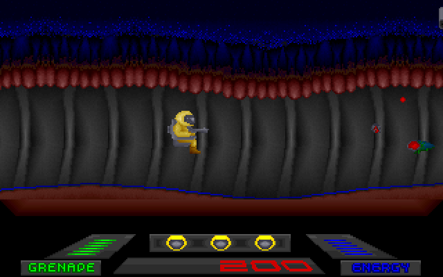 Phylox (DOS) screenshot: Zooming along the tunnels blasting bugs