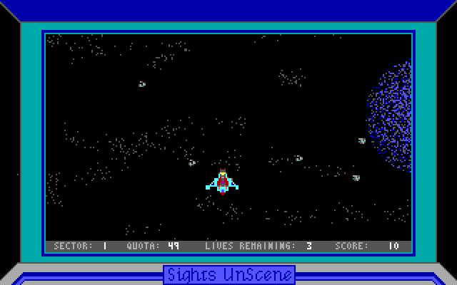 Space Miner (DOS) screenshot: This is what space looks like. The small blobs are bits of ore that must be collected to improve the score