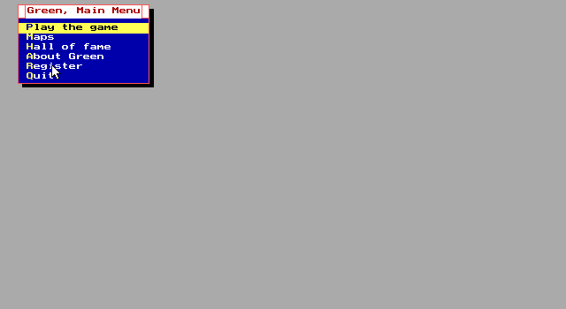 Green (DOS) screenshot: After the initial load screen the game's very small menu is displayed. All the options can be selected by mouse or by the initial letter