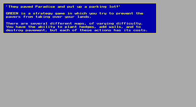 Green (DOS) screenshot: This window explains what the game is about