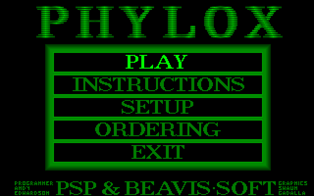 Phylox (DOS) screenshot: The main menu