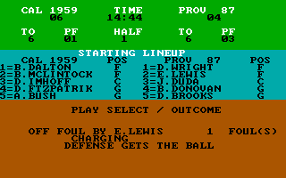 Pure-Stat College Basketball (DOS) screenshot: Offense Foul Charging