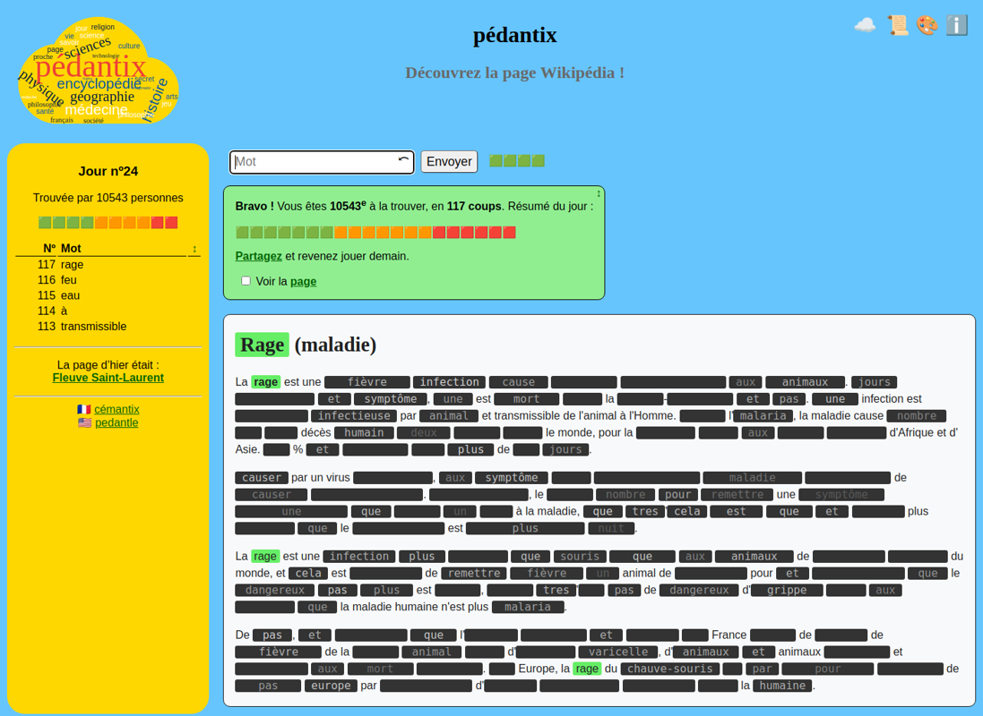 pédantix (Browser) screenshot: With 117 total guesses, we arrive at the answer. It is "rage" (rabies)