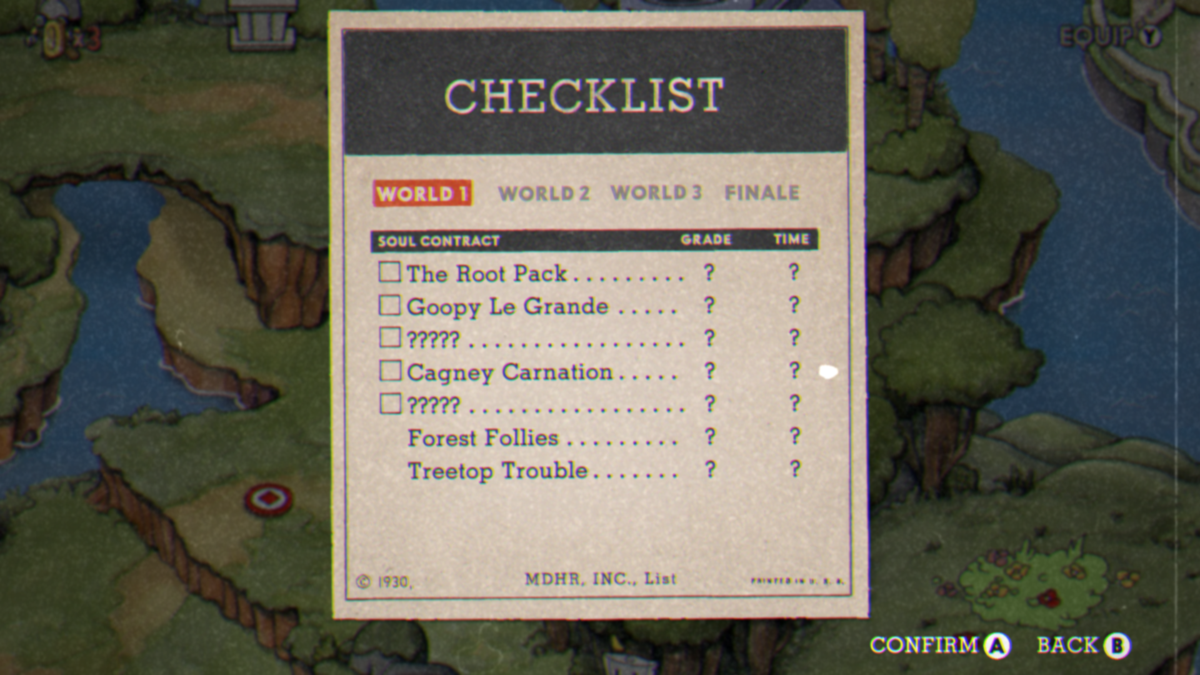 Cuphead (Windows) screenshot: That's quite the list to fill, shows how long the game can be. Good for people who like challenges.