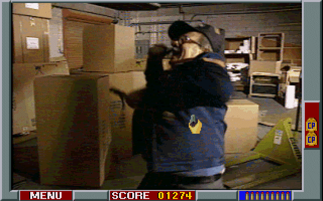 Crime Patrol (DOS) screenshot: Blowing away an innocent security guard
