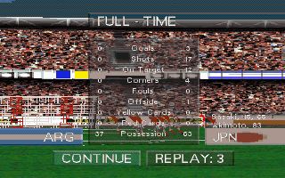 Olympic Soccer (DOS) screenshot: Full Time Stats