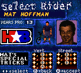 Mat Hoffman's Pro BMX (Game Boy Color) screenshot: Select Rider screen