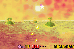 Kirby: Nightmare in Dreamland (Game Boy Advance) screenshot: Kirby is going far with his warp star
