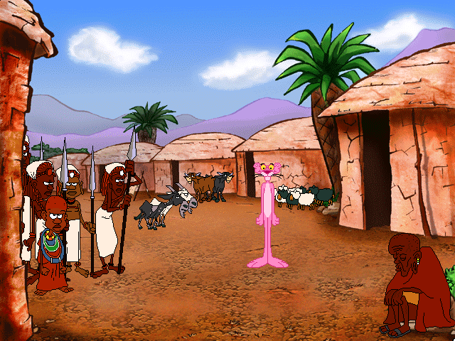 The Pink Panther: Hokus Pokus Pink (Windows 3.x) screenshot: An African village. The young Masai tribe member is about to reach Adulthood