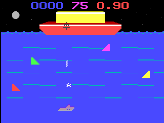 Sea Rescue! (Videopac+ G7400) screenshot: Shooting the harpoon as the crew member swims up.