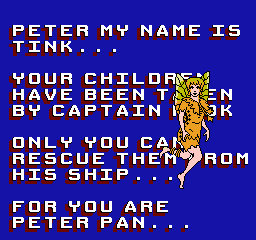Hook (NES) screenshot: Tink tells you the story
