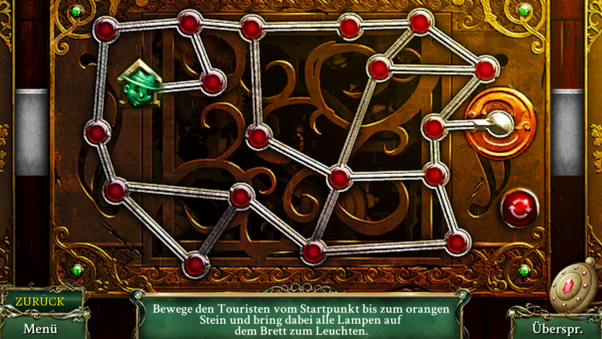9 Clues: The Secret of Serpent Creek (Android) screenshot: One of the puzzles, move the green symbol to all red dots.
