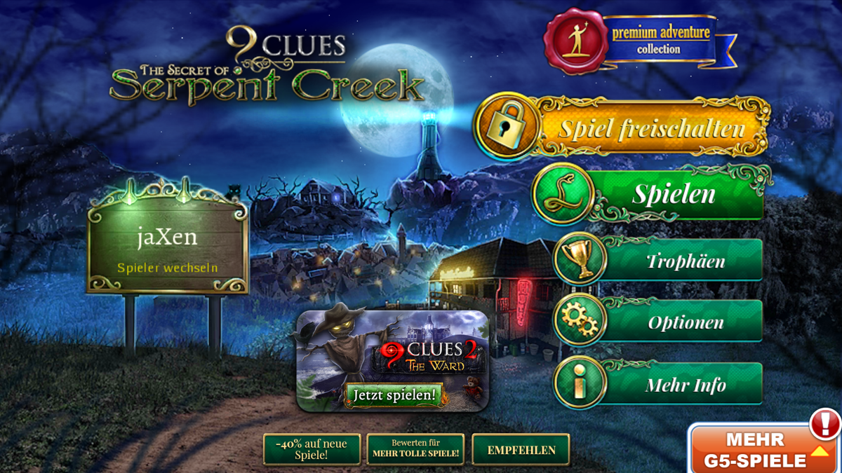 9 Clues: The Secret of Serpent Creek (Android) screenshot: Title Screen / Main Menu