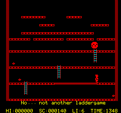 Playground 21 (Oric) screenshot: Moving over the platforms to have them painted