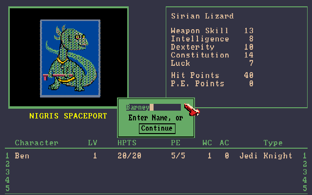 Citadel of Vras (Amiga) screenshot: Creating a Sirian lizard character.