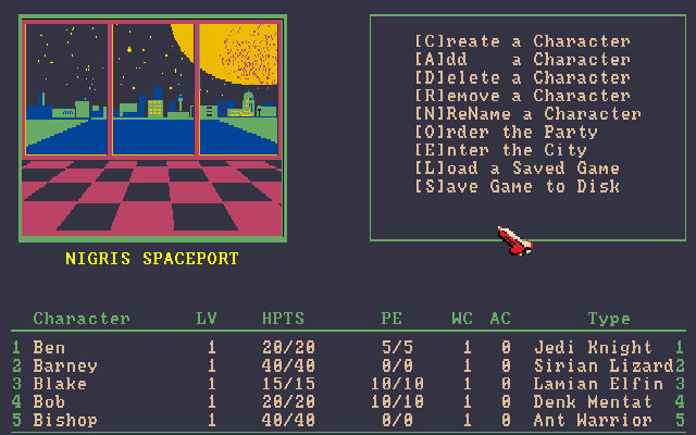 Citadel of Vras (Amiga) screenshot: The party starts at Nigris spaceport.