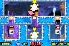 Kirby: Nightmare in Dreamland (Game Boy Advance) screenshot: The hammer is a powerful weapon to clear paths