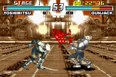 Tekken Advance (Game Boy Advance) screenshot: Yoshimitsu's sword attack in Gun Jack was a success: the blood spitted out proves it!