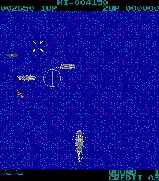 D-Day (Arcade) screenshot: Enemy ships shoot missiles at you