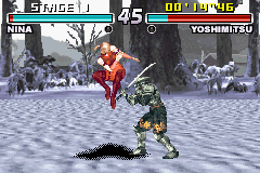 Tekken Advance (Game Boy Advance) screenshot: Nina in her alternate costume ready to kick Yoshimitsu.
