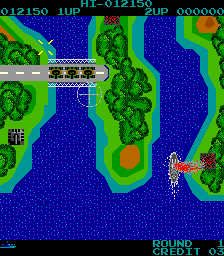 D-Day (Arcade) screenshot: A bridge with enemy tanks, just begging to be blown up