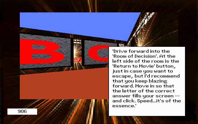Speed (DOS) screenshot: This is the Speed Reading game. After reading three sets of facts followed by a question and then a set of multiple choice questions the player must go through the correct gate to continue.