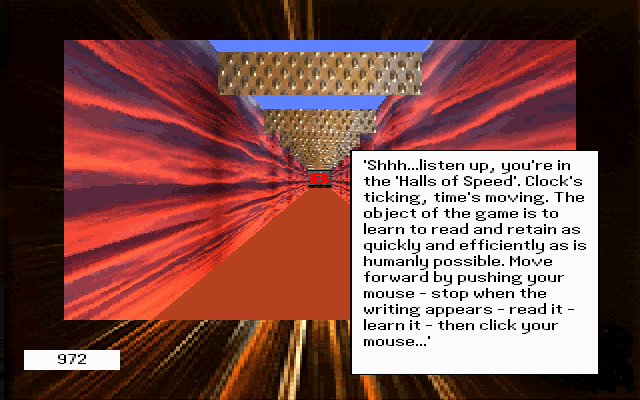 Speed (DOS) screenshot: This is the Speed Reading game. The player moves the mouse forward, reads something and repeats this two more times to receive a set of facts.