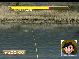 Tsurikichi Sanpei: The Tsuri (PlayStation) screenshot: Time the button press well for an accurate throw.