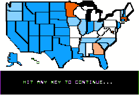 President Elect (Apple II) screenshot: The map shows a breakdown of what states are likely to vote for which party.