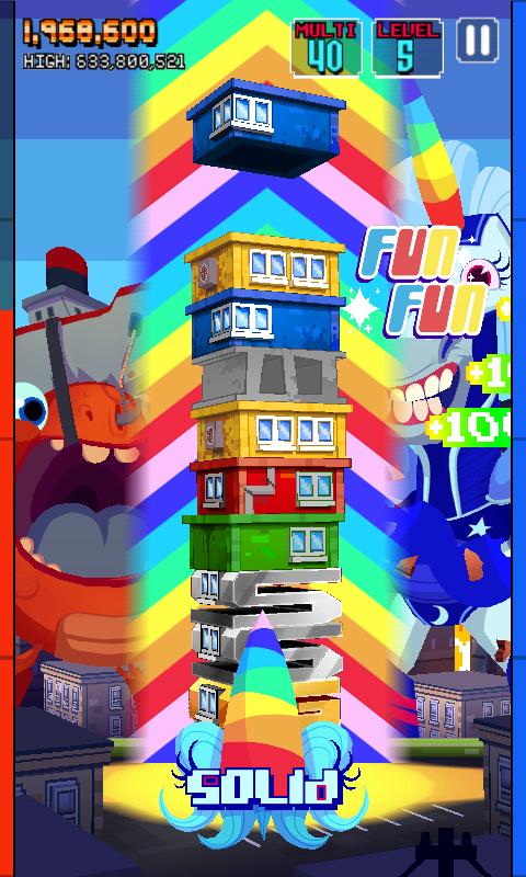 Monsters Ate My Condo (Android) screenshot: Blue monster using his power.