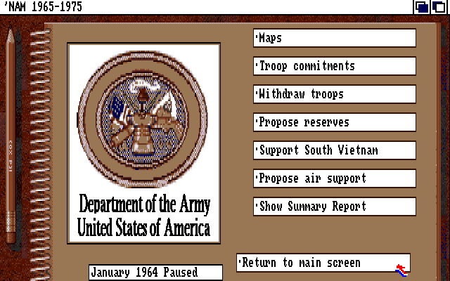 'Nam 1965-1975 (Amiga) screenshot: One of the menus; what actions would you like to perform?