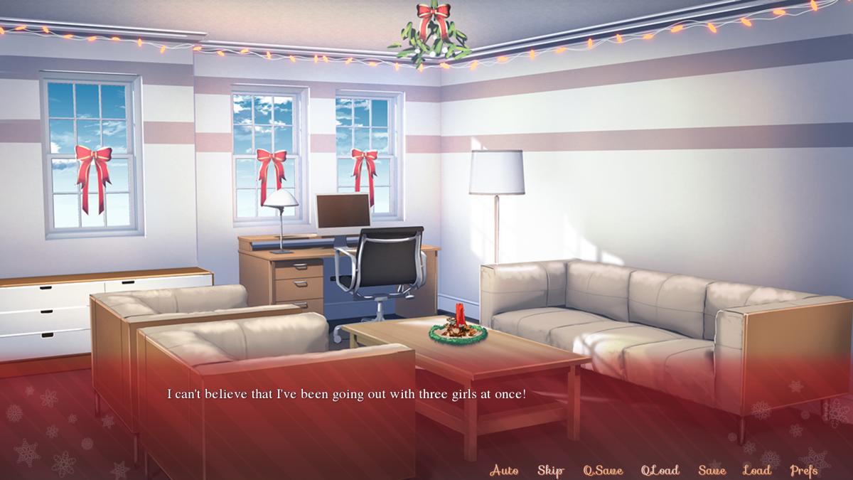 Sakura Santa (Windows) screenshot: So, it looks like dating all three at the same time was a bad idea, they don't seem to like eachother much (Harem ending)