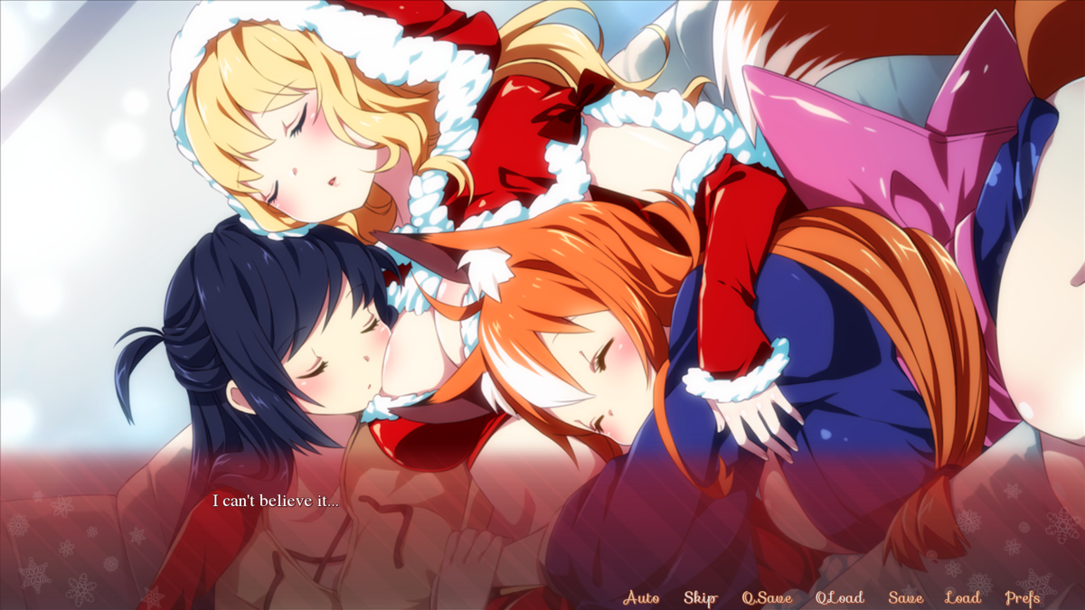 Sakura Santa (Windows) screenshot: After a tired day they all seem to snuggle and fall asleep, hard to believe they were all fighting eachother just now (Harem ending)