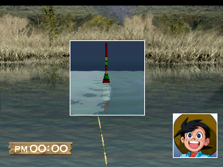 Tsurikichi Sanpei: The Tsuri (PlayStation) screenshot: Keep an eye on it... if it starts sinking or bobbing on the water, there might be a fish on the hook!