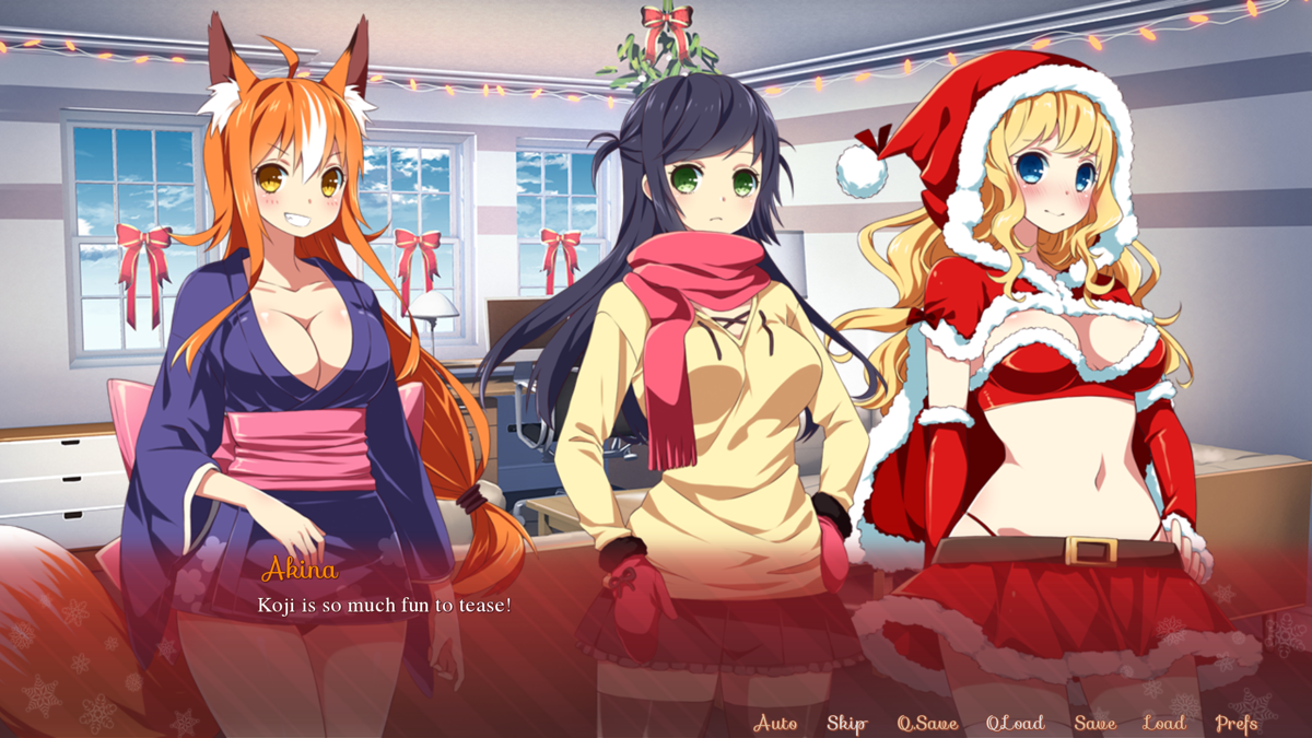 Sakura Santa (Windows) screenshot: And here they are all three again, at my place. What shall I do now? (Harem ending)