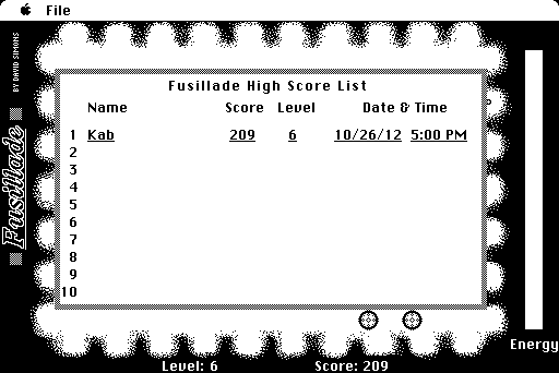 Fusillade (Macintosh) screenshot: High score list