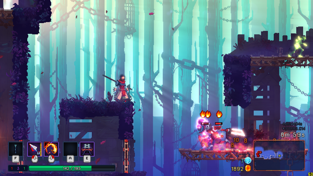 Dead Cells (Windows) screenshot: The enemies below are affected by my fire attack (Early Access version).